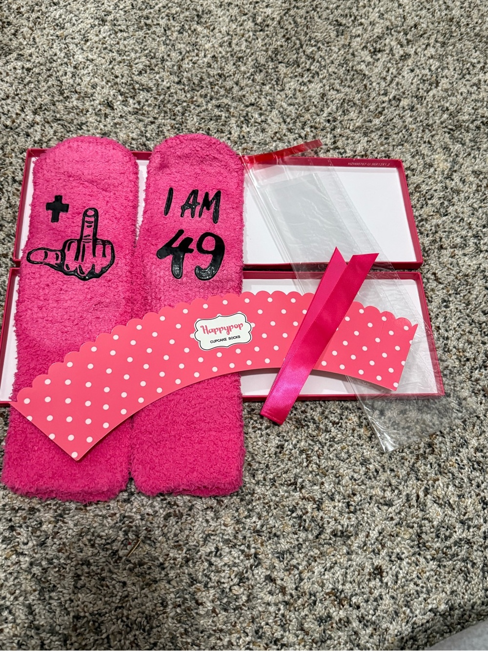 50th birthday Pink 'I Am 49' Cupcake cozy gift socks funny